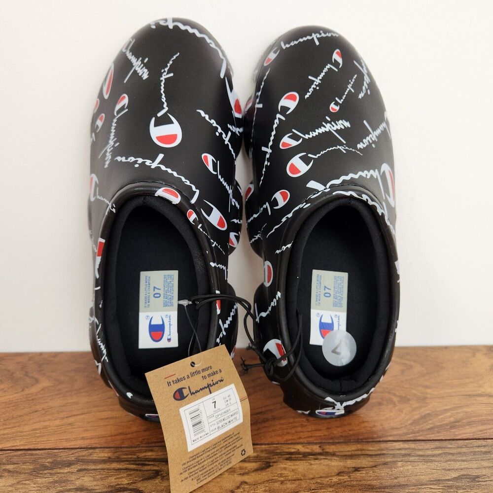 New Champion Super Meloso Warped Slides Black White Mens Sz 7 Closed Toe Slip on